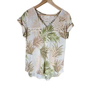 FLOWER AND FEATHER Women Green Brown Festive Gold Accents Short Sleeve Top SZ M